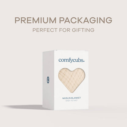 Premium packaging of Comfy Cubs muslin blanket, perfect for gifting baby shower or newborn presents.