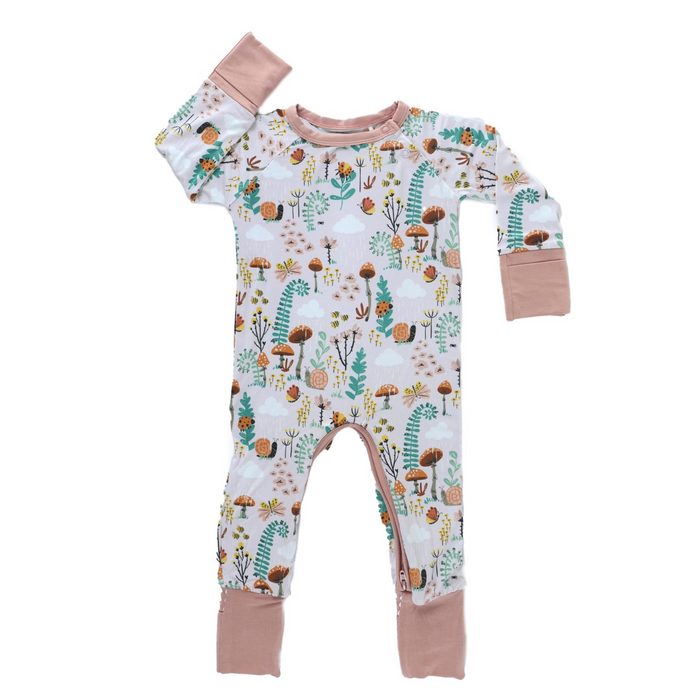 Bamboo crescent zipp jammies in fern pattern, hypoallergenic and breathable material for baby comfort.