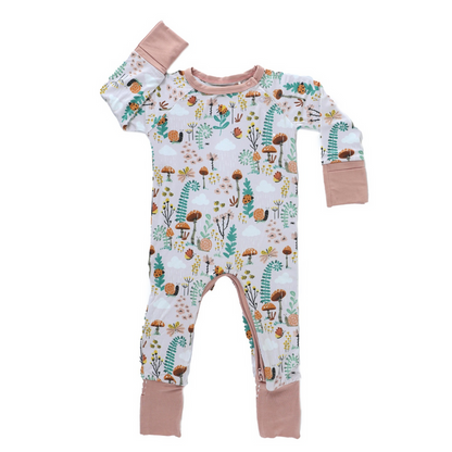 Bamboo crescent zipp jammies in fern pattern, hypoallergenic and breathable material for baby comfort.