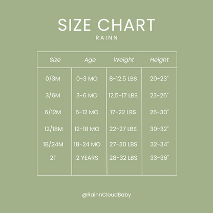 Size chart for Bamboo Pull Up Romper by Rainn, detailing age, weight, and height for 0/3M to 2T. Perfect sizing for comfort.