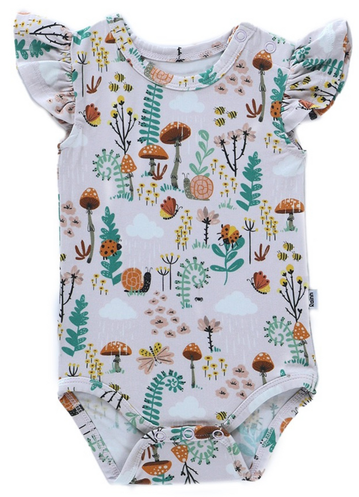 Fern Ruffle Snappy onesie by Rainn, featuring colorful flora and ruffle sleeves, perfect for comfy, playful days.