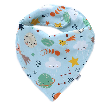 Cosmic bandana dribble bib by Rainn, featuring playful planet and star designs, perfect for drooly babies.