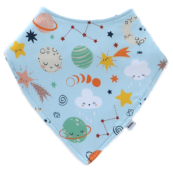 Cosmic bandana dribble bib by Rainn featuring cute space-themed designs in soft bamboo fabric.