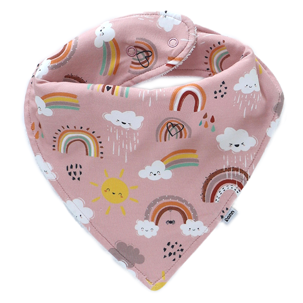 Rainnbow Bandana Dribble Bib in pink with rainbows and clouds design, perfect for drooly babies.