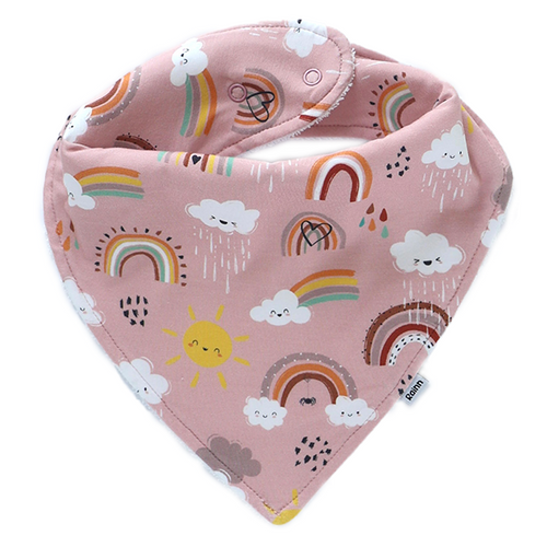 Rainnbow Bandana Dribble Bib in pink with rainbows and clouds design, perfect for drooly babies.