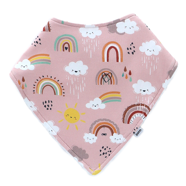 Soft bamboo bandana dribble bib by Rainnbow with colorful rainbows and clouds, perfect for stylish drooly babies.