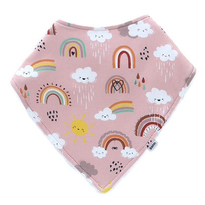Soft bamboo bandana dribble bib by Rainnbow with colorful rainbows and clouds, perfect for stylish drooly babies.