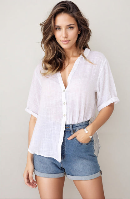 Shelly Shirt - Linen Collared Button Down Shirt in White