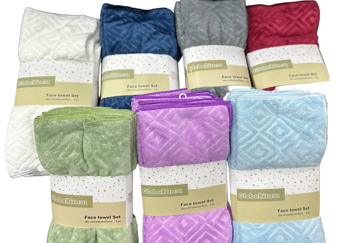 Set of face towel sets in various colors with visible brand labels.