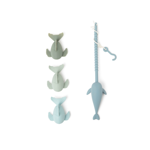 Bug + Bean Kids Silicone Fishing Playset with fish and fishing rod in calming colors for imaginative play.