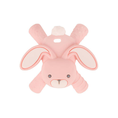 Pink Itzy Ritzy Ritzy Teether Bunny with textured tubes for baby molar relief, offering eco-friendly teething comfort.
