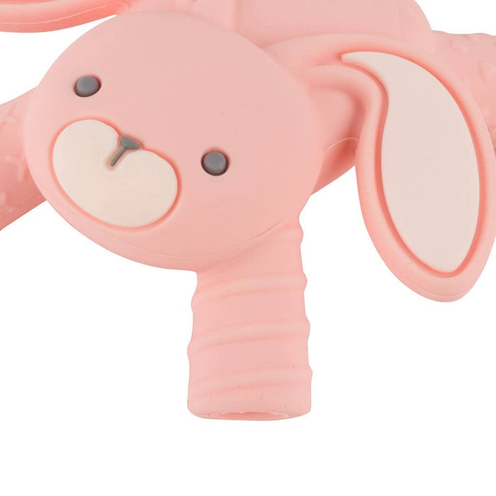 Pink bunny-shaped teether with textured arms for soothing teething relief from Itzy Ritzy's eco-friendly Ritzy Teether collection.