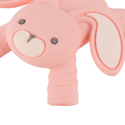Pink bunny-shaped teether with textured arms for soothing teething relief from Itzy Ritzy's eco-friendly Ritzy Teether collection.