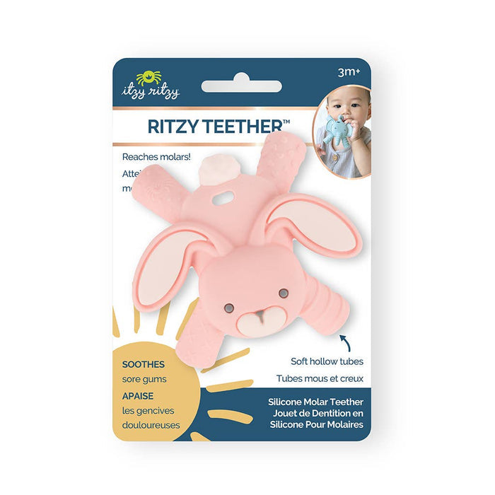 Pink bunny-shaped Itzy Ritzy Ritzy Teether™ in packaging, designed for soothing teething relief and eco-friendly comfort.