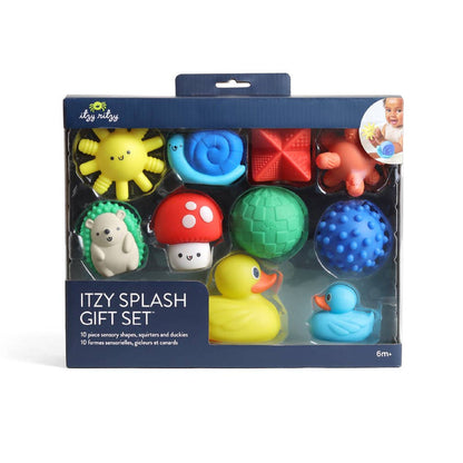 Itzy Splash Gift Set™ featuring 10 colorful soft bath toys for sensory fun and motor skill development.