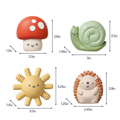 Four soft Itzy Squirt bath toys: snail, mushroom, sun, and hedgehog, perfect for fun and motor skill development in bath time.