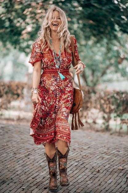 London Maxi Dress - Elasticated Waist Button Detail High Low Dress with Flutter Cap Sleeves in Floral Print