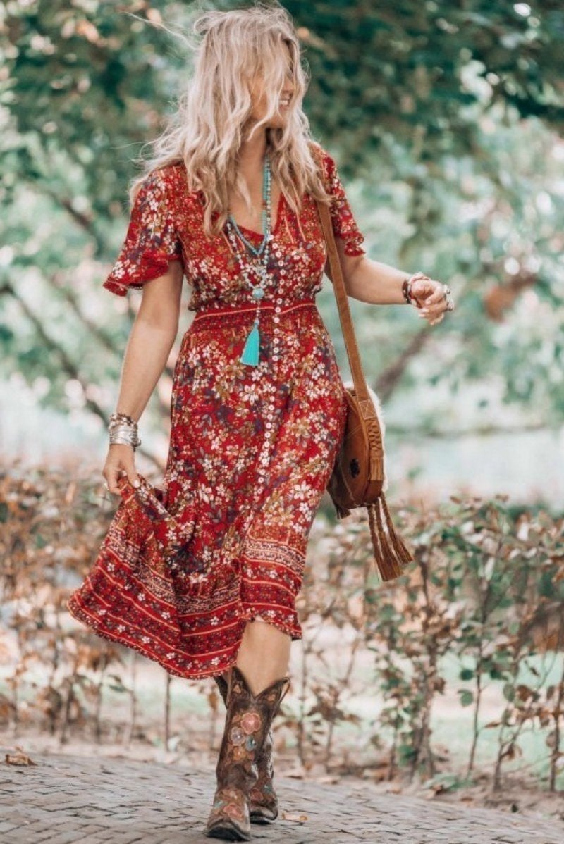 London Maxi Dress - Elasticated Waist Button Detail High Low Dress with Flutter Cap Sleeves in Floral Print