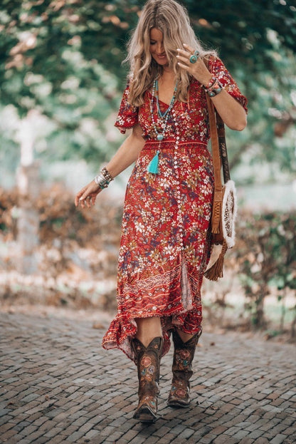 London Maxi Dress - Elasticated Waist Button Detail High Low Dress with Flutter Cap Sleeves in Floral Print