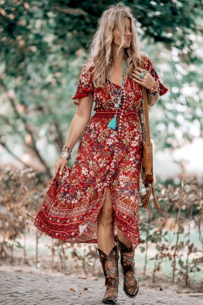 London Maxi Dress - Elasticated Waist Button Detail High Low Dress with Flutter Cap Sleeves in Floral Print