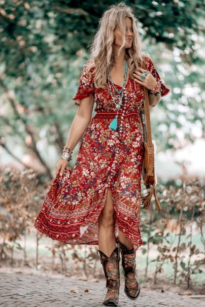 London Maxi Dress - Elasticated Waist Button Detail High Low Dress with Flutter Cap Sleeves in Floral Print
