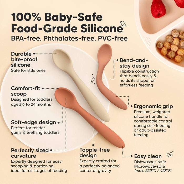 Silicone Baby Spoons for Toddlers 6-24 months, KeaBabies 3-Pack, BPA-free, soft, flexible, designed for teething and self-feeding.
