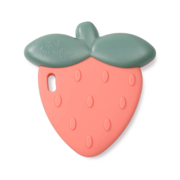 Slicone Teething Rattle shaped like a strawberry for soothing teething babies' gums, made of soft, flexible silicone