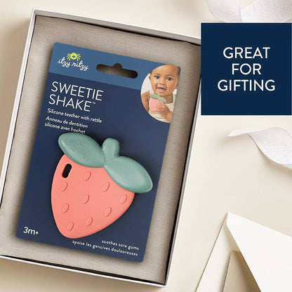 Slicone Teething Rattle in strawberry design, perfect gift for soothing sore gums and promoting play with Sweetie Shake™.