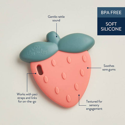 Strawberry-shaped Slicone Teething Rattle for babies with BPA-free soft silicone, gentle rattle sound, and sore gums relief.